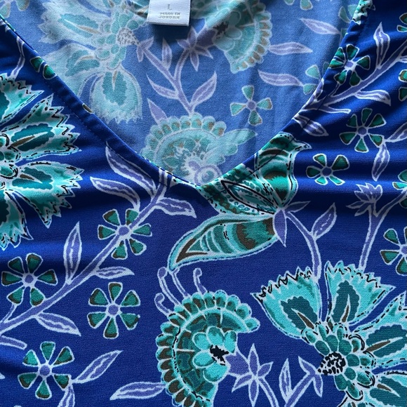 Blue and Green Relaxed Tie Front Blouse with 3/4 Sleeves - Picture 4 of 8